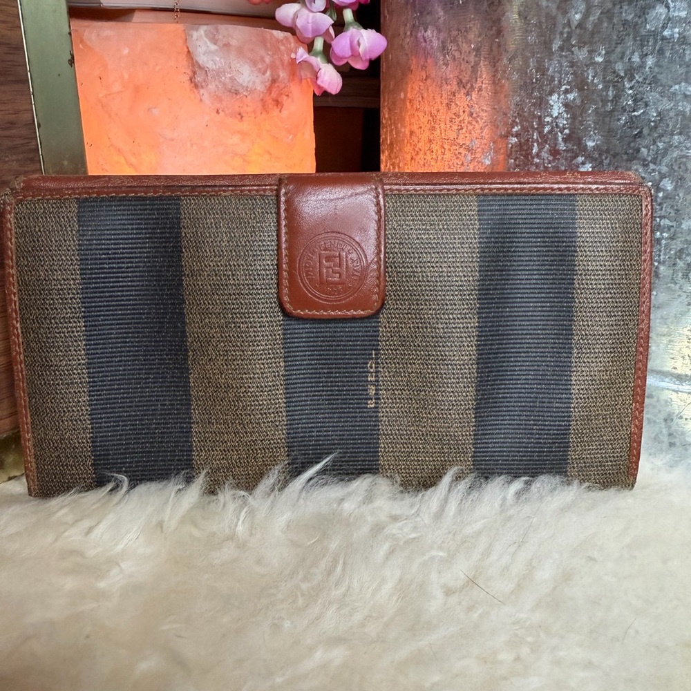 Fendi Pequin stripe coated Wallet with Gold Logo and leather trim